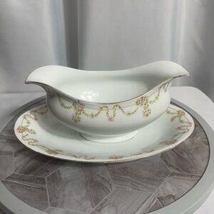 Bavaria Elegant White Delicate Pink Floral Green Garland Gravy Boat with Saucer